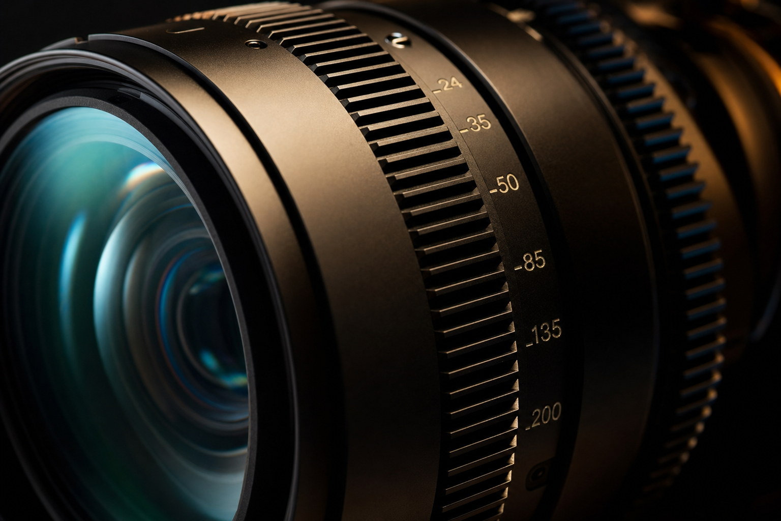 Dettaglio macro di un obiettivo cinematografico con scale di lunghezza focale