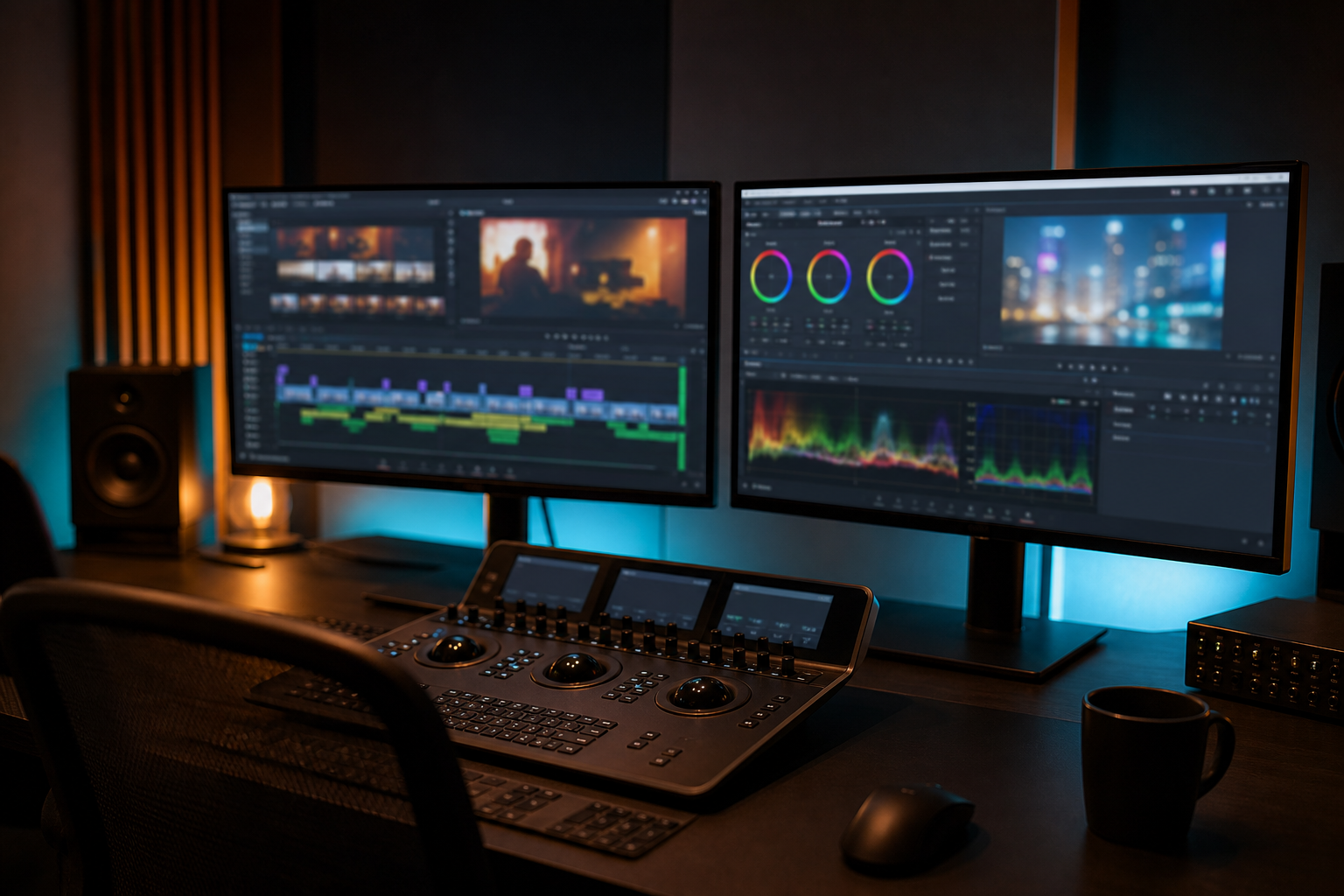 Sala di montaggio e color grading con doppio monitor di riferimento